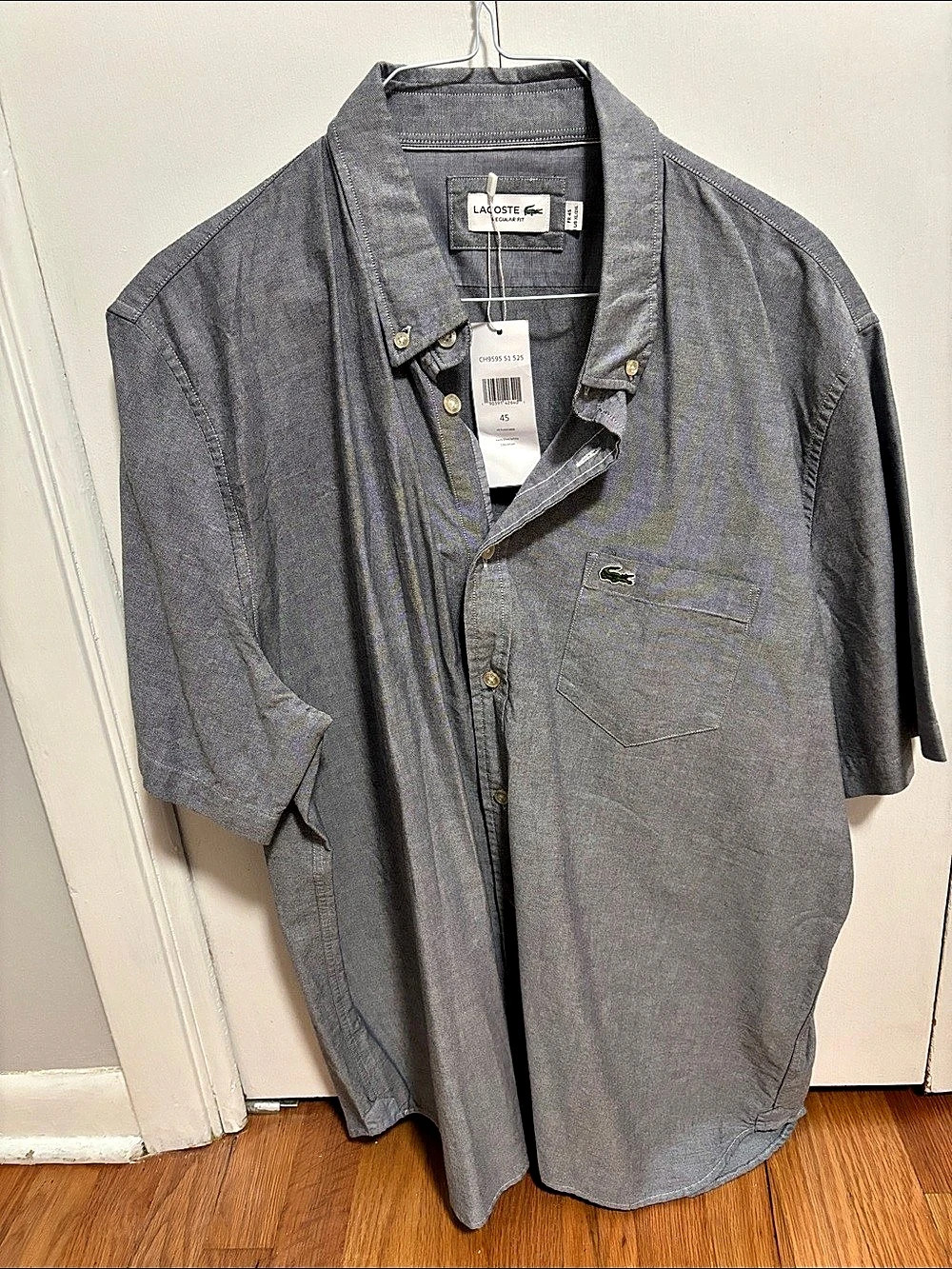 NWT Men’s Lacoste Regular Fit Short Sleeve Button Down Shirt Gray Size